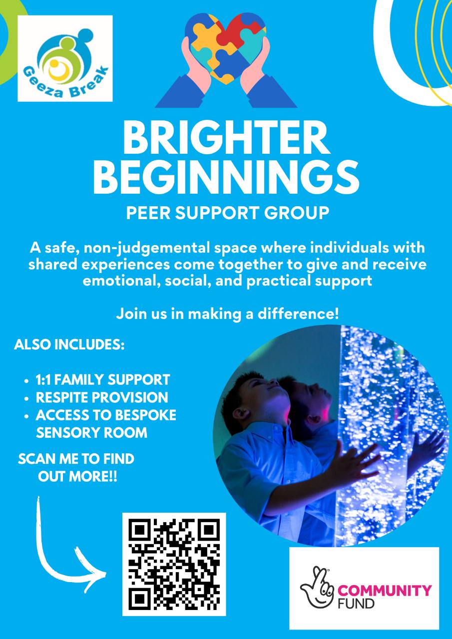 Brighter Beginnings peer support group. A safe, non-judgemental space for emotional, social and practical support. Also includes 1:1 family support, respite provision and access to a bespoke sensory room. Supported by the National Lottery Community Fund.